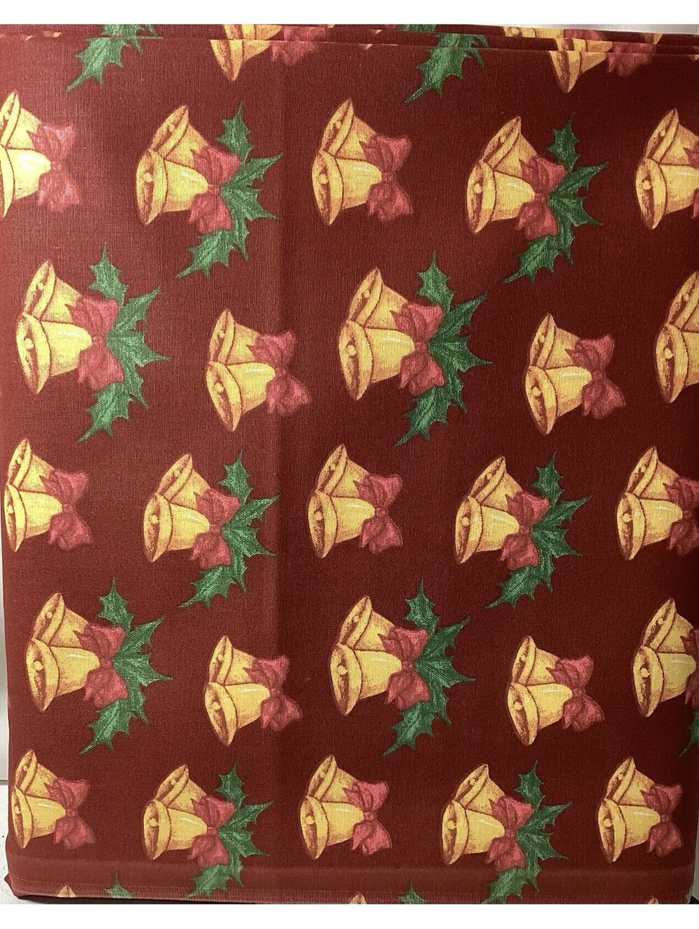 3 yds Christmas Fabrics by MDG Christmas Bells w/ bow on maroon background